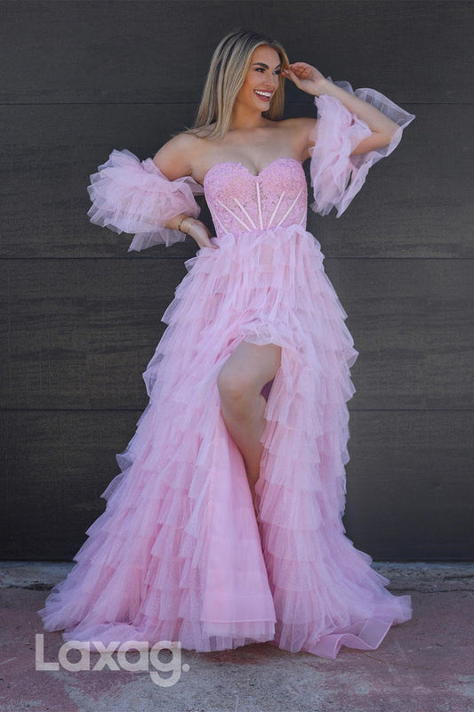 22013 - A Line Sweetheart Lace Appliques Short Sleeves Pink Long Formal Prom Dress