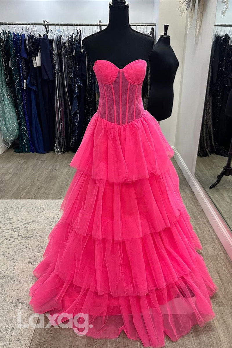 22018 - A Line Sweetheart Tulle Pink Long Formal Prom Dress