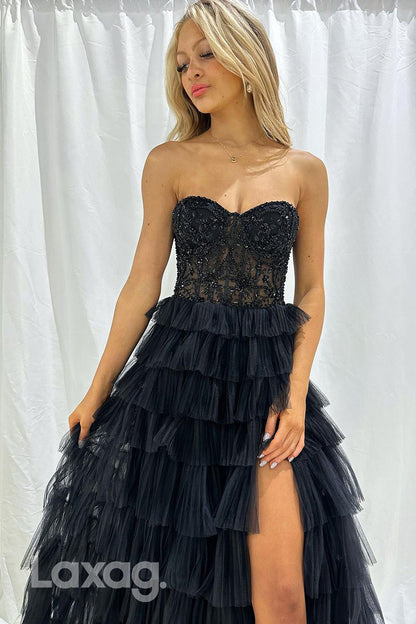 22069 - A Line Sweetheart Beads Black Long Formal Prom Dress