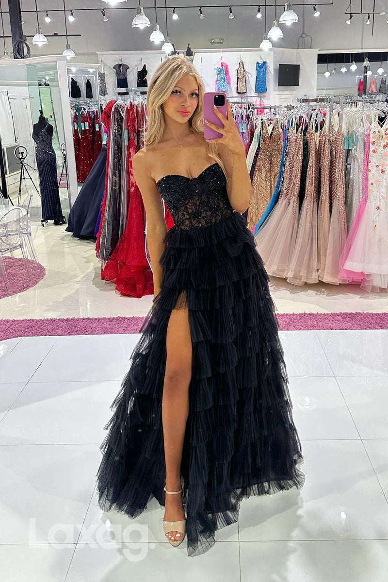 22069 - A Line Sweetheart Beads Black Long Formal Prom Dress