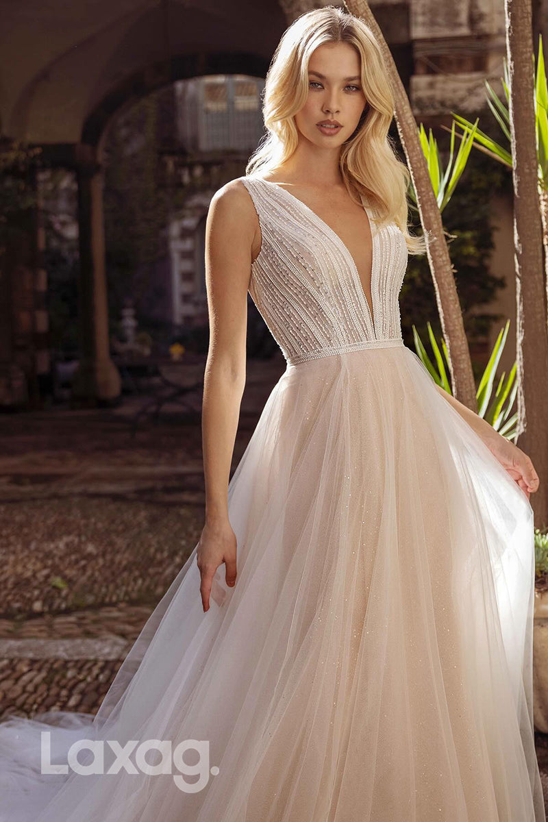 15720 - A Line Sexy Deep V neck Beads Rustic Wedding Dress