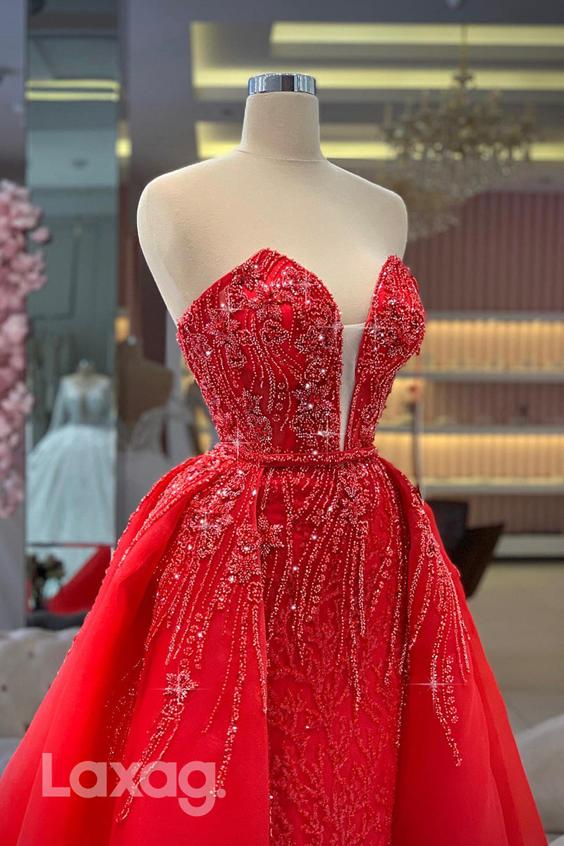 21861 - Sexy Deep V neck Heavy Beads Detachable Skirt Red Long Mermaid Formal Prom Dress with Slit