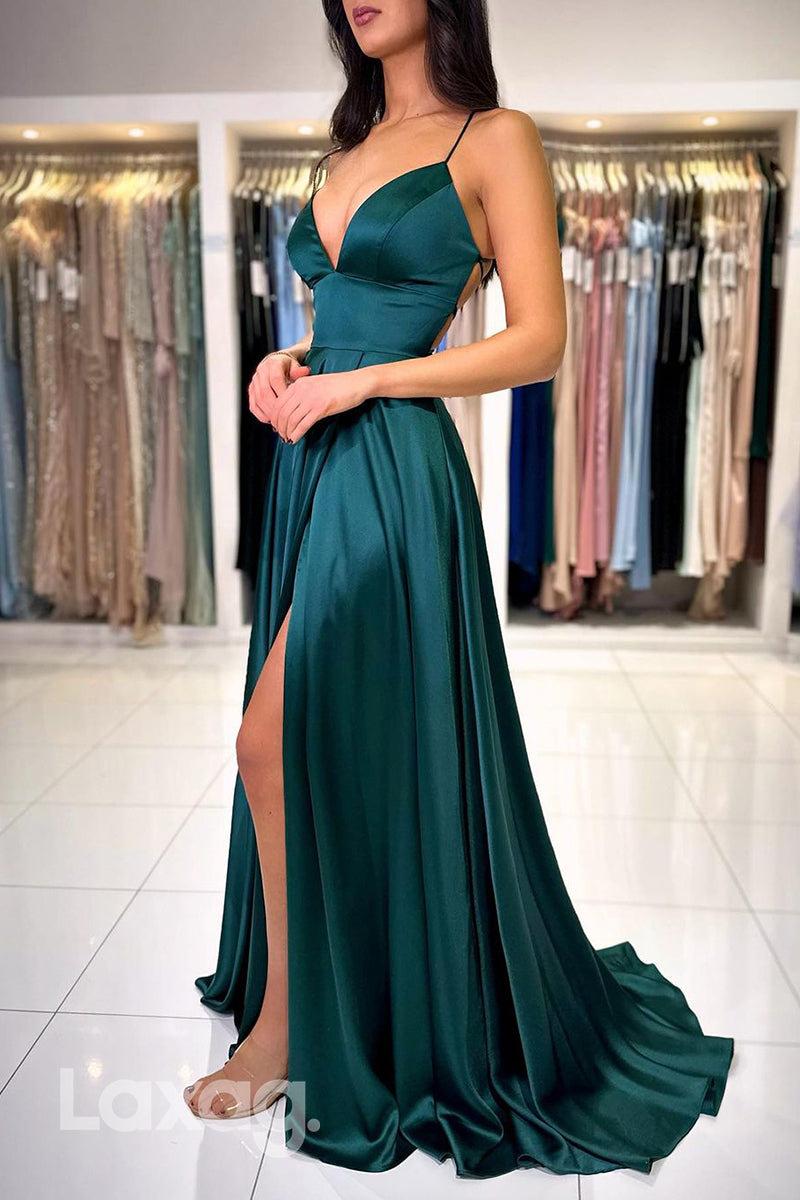 21978 - A Line V neck Side Slit Simple Elegant Prom Formal Dress with Pockets