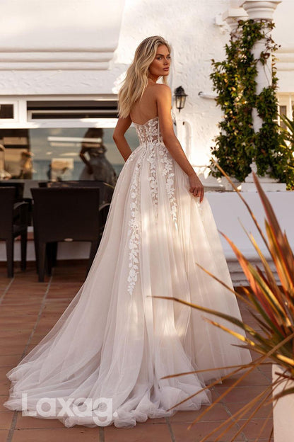 15706 - A Line Illusion V neck Lace Appliques Beach Wedding Dress