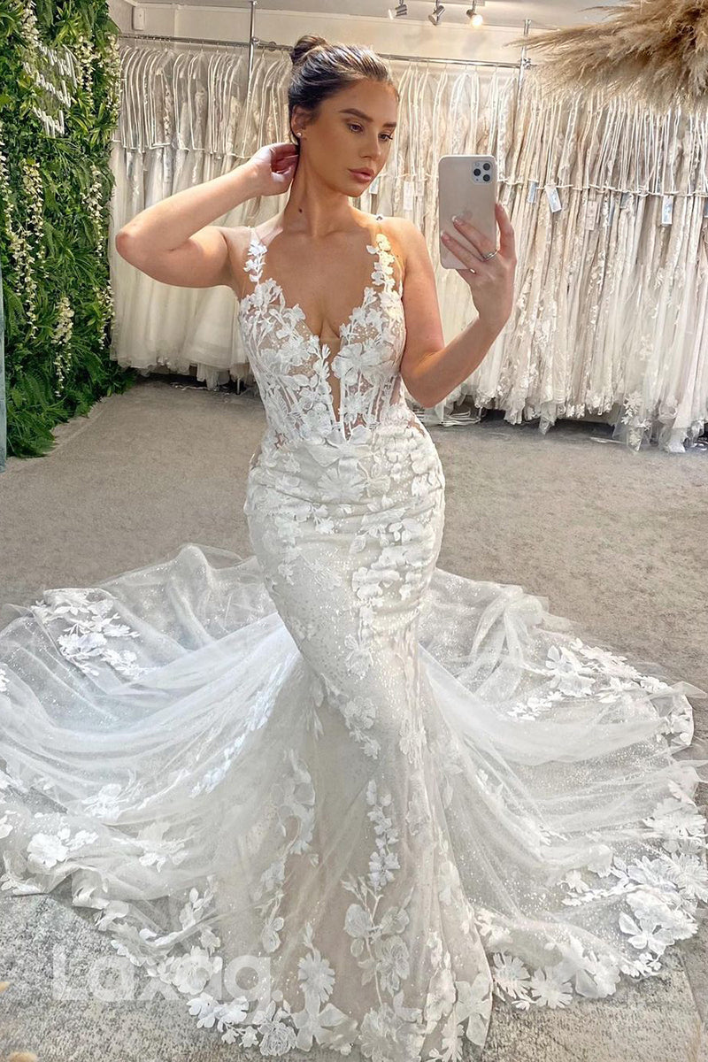 15740 - Plunging V neck Lace Mermaid Wedding Dress