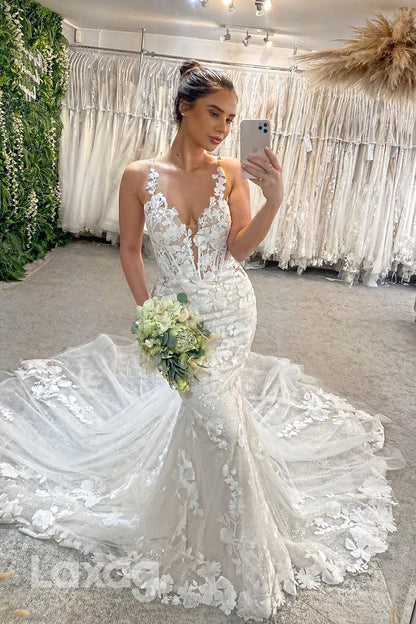 15740 - Plunging V neck Lace Mermaid Wedding Dress