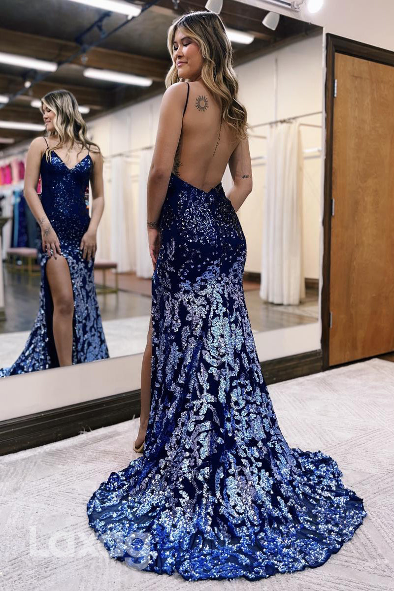 21948 - Spaghetti Straps Sequins Appliques Mermaid Formal Prom Dress with Slit