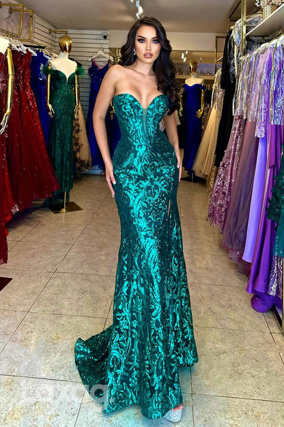 22051 - Plunging V neck Green Lace Mermaid Long Formal Prom Dress with Slit