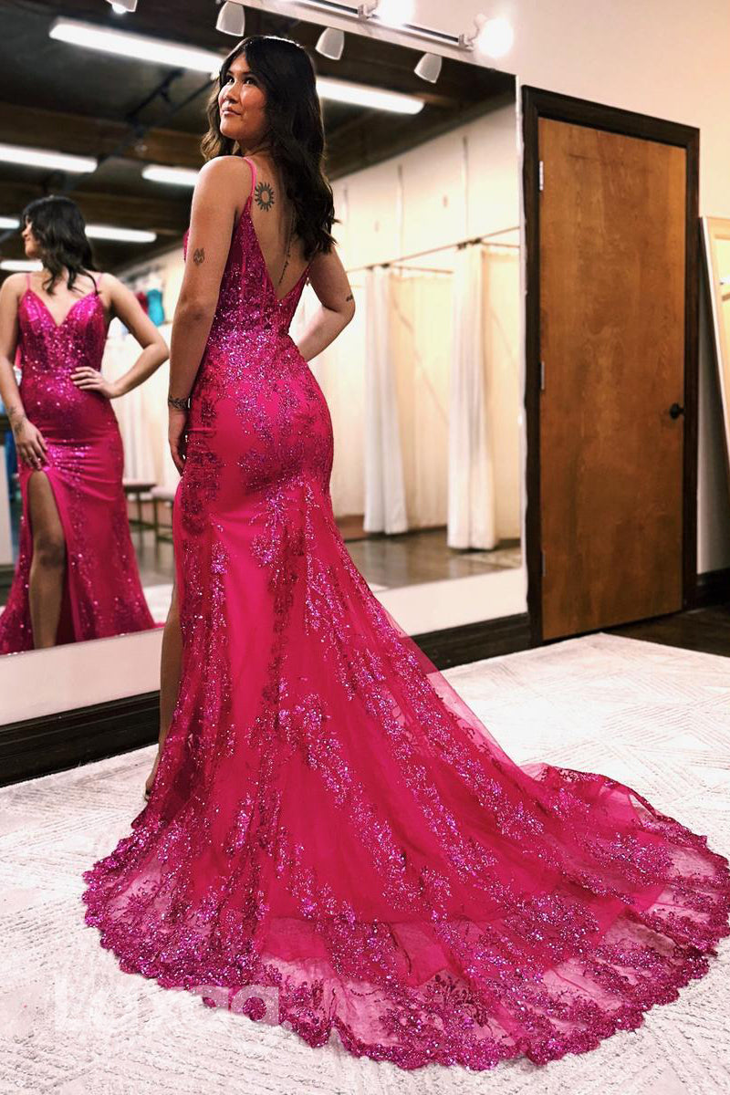 21963 - Plunging V neck Sequins Lace Mermaid Long Formal Prom Dress with Slit