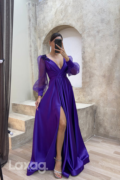 22073 - A Line V Neck Ruched Long Sleeves Formal Prom Dress with Slit