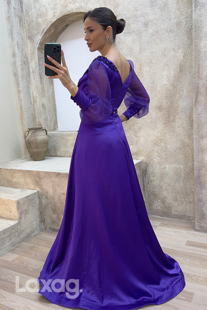 22073 - A Line V Neck Ruched Long Sleeves Formal Prom Dress with Slit