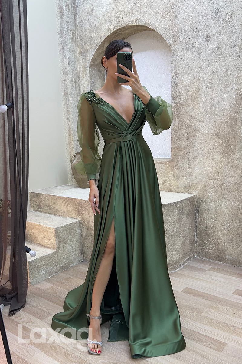 22074 - A Line Sexy V neck Ruched Long Sleeves Formal Evening Dress wi Laxag 22074 - A Line Sexy V neck Ruched Long Sleeves Formal Evening Dress wi Laxag