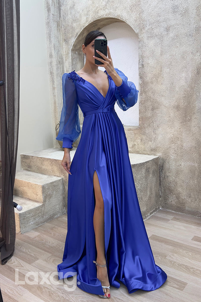 22073 - A Line V Neck Ruched Long Sleeves Formal Prom Dress with Slit