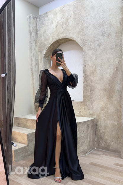 22073 - A Line V Neck Ruched Long Sleeves Formal Prom Dress with Slit