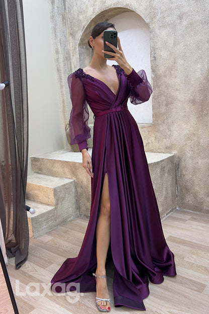 22073 - A Line V Neck Ruched Long Sleeves Formal Prom Dress with Slit