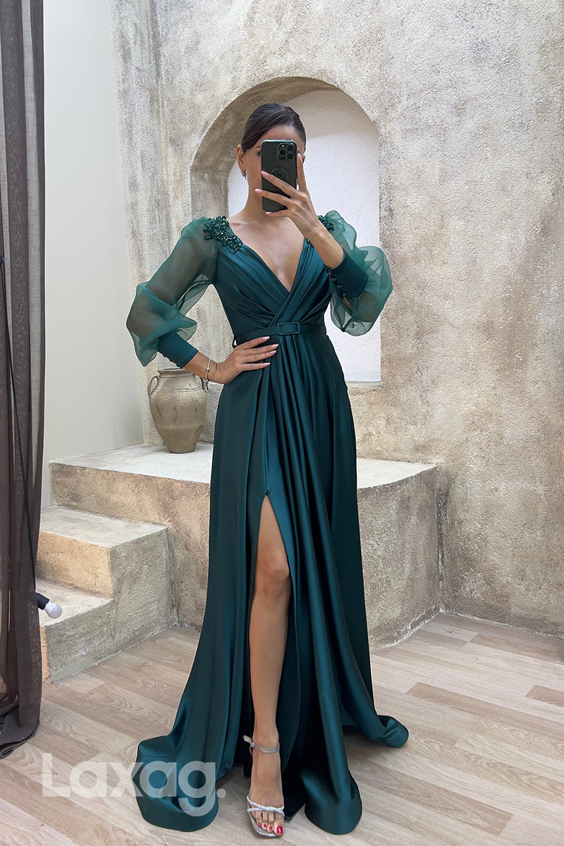 22073 - A Line V Neck Ruched Long Sleeves Formal Prom Dress with Slit