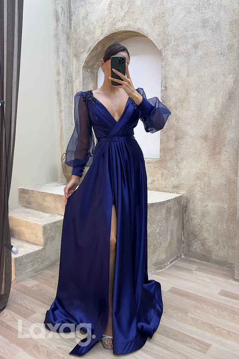 22073 - A Line V Neck Ruched Long Sleeves Formal Prom Dress with Slit