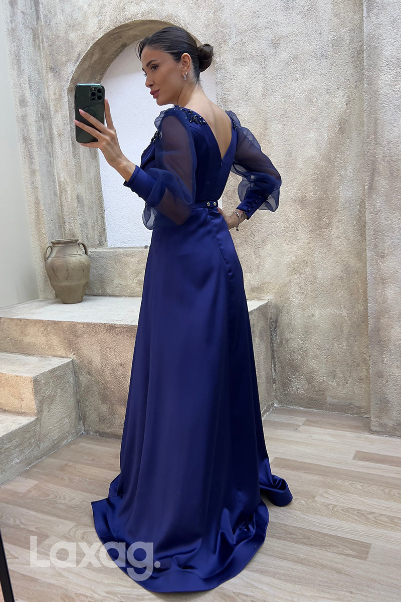 22073 - A Line V Neck Ruched Long Sleeves Formal Prom Dress with Slit