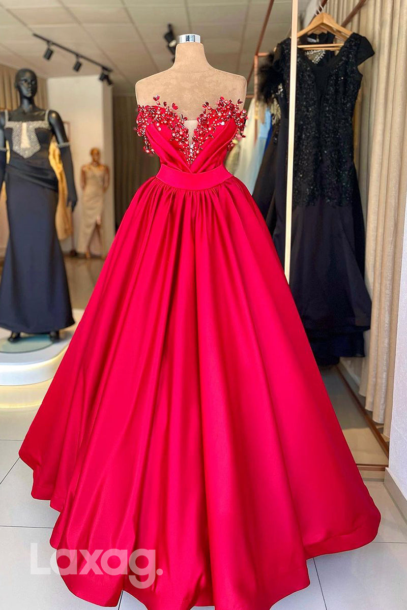 20787 - Plunging Deep V neck Beads A line Long Formal Prom Dress