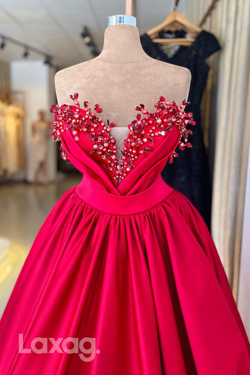 20787 - Plunging Deep V neck Beads A line Long Formal Prom Dress