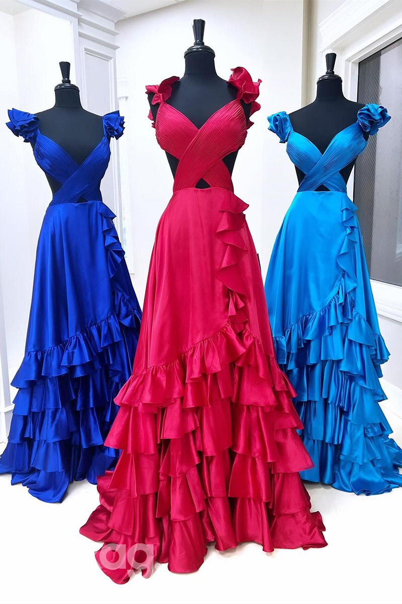 22015 - A Line V neck Ruched Long Semi Formal Prom Dress with Slit