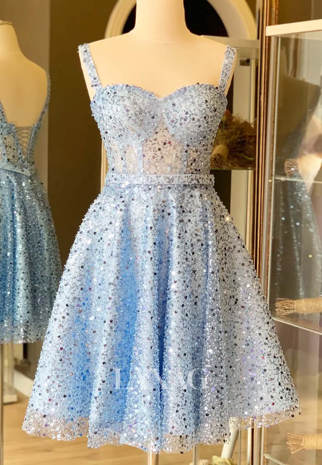 Off-Shoulder Sweetheart Sleeveless Fully Sequined  Pleated Short A-Line Party Homecoming Dress