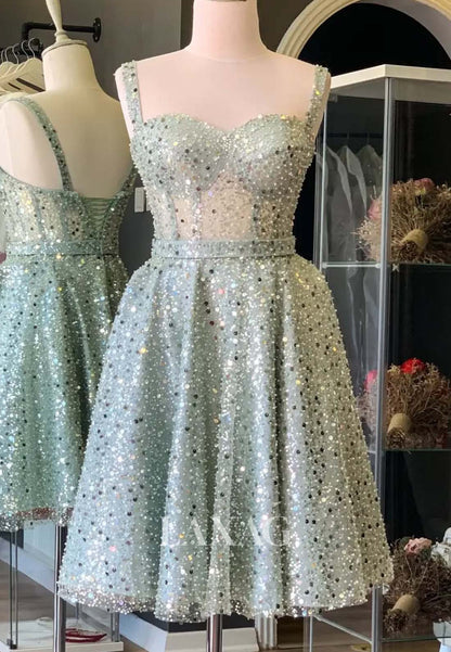 Off-Shoulder Sweetheart Sleeveless Fully Sequined  Pleated Short A-Line Party Homecoming Dress