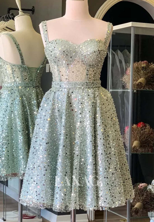 Off-Shoulder Sweetheart Sleeveless Fully Sequined  Pleated Short A-Line Party Homecoming Dress