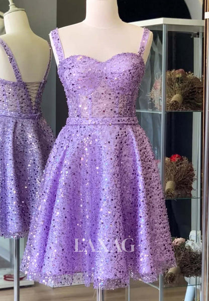 Off-Shoulder Sweetheart Sleeveless Fully Sequined  Pleated Short A-Line Party Homecoming Dress