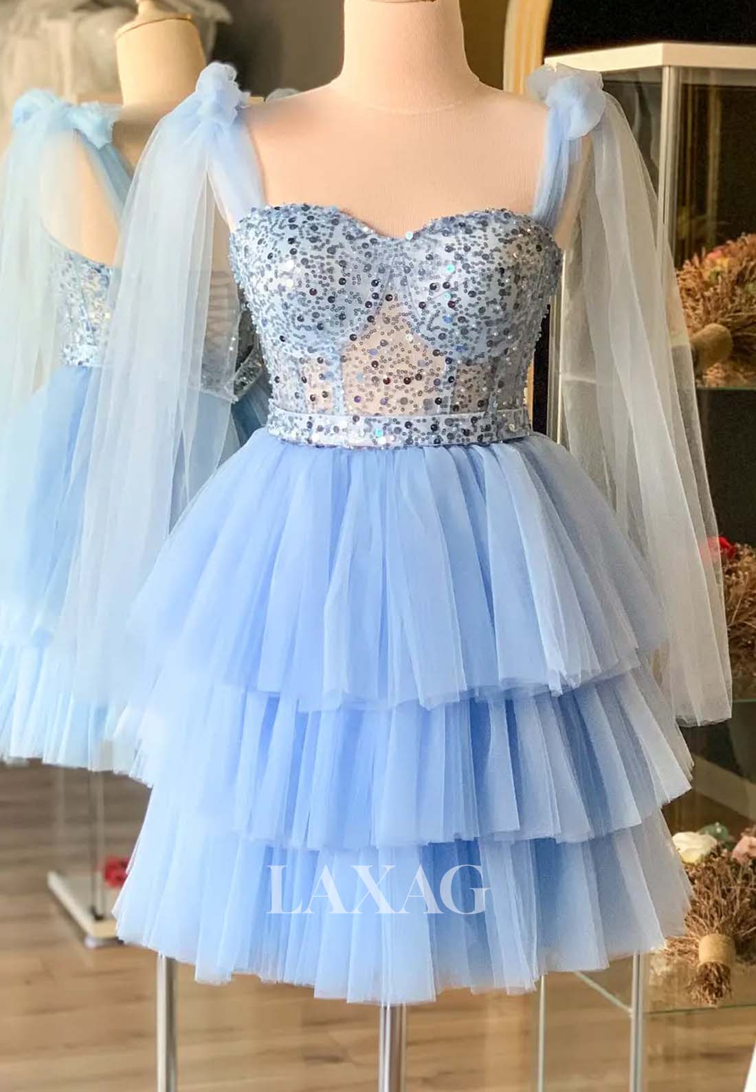 Sweetheart Off-Shoulder Sequined Pleated Tiered Tulle A-Line Party Homecoming Dress