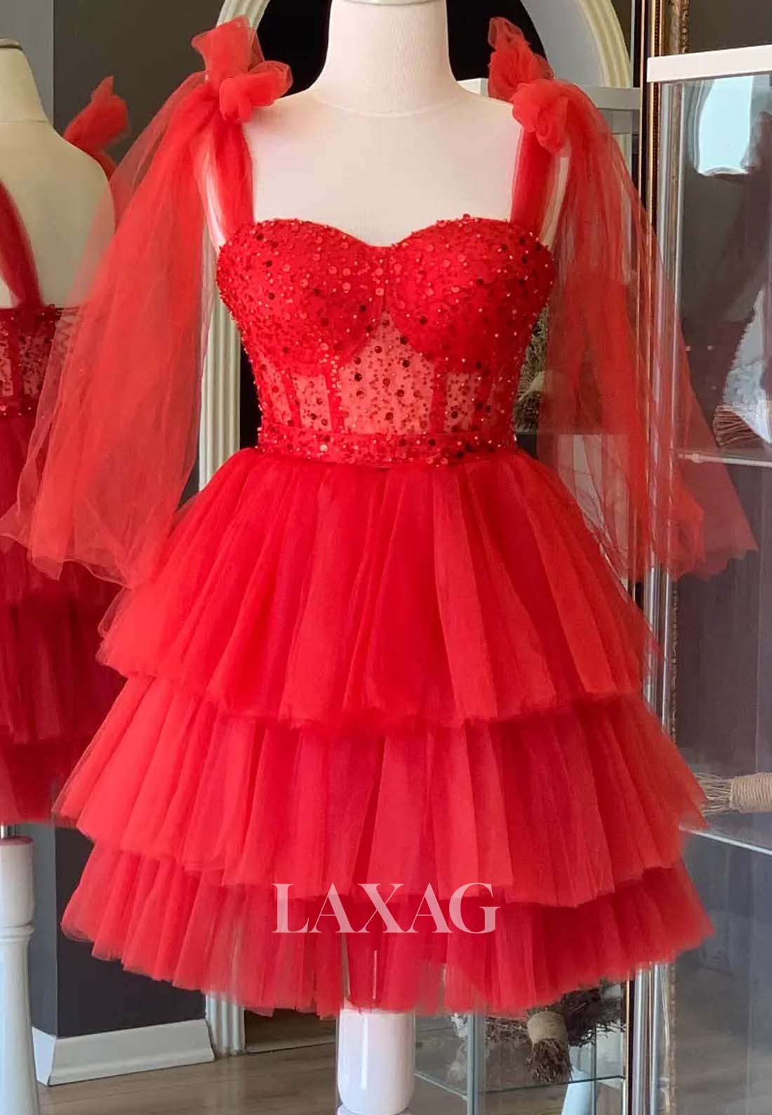 Sweetheart Off-Shoulder Sequined Pleated Tiered Tulle A-Line Party Homecoming Dress