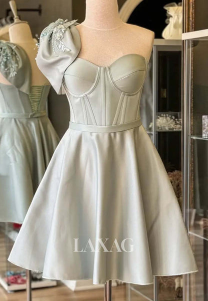 Sweetheart One-Shoulder Sleeveless Beaded Pleated Satin Short A-Line Party Homecoming Dress