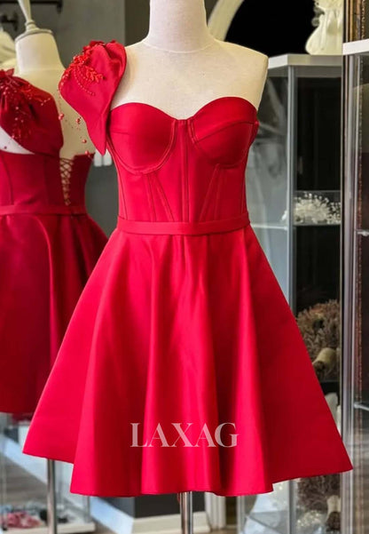 Sweetheart One-Shoulder Sleeveless Beaded Pleated Satin Short A-Line Party Homecoming Dress