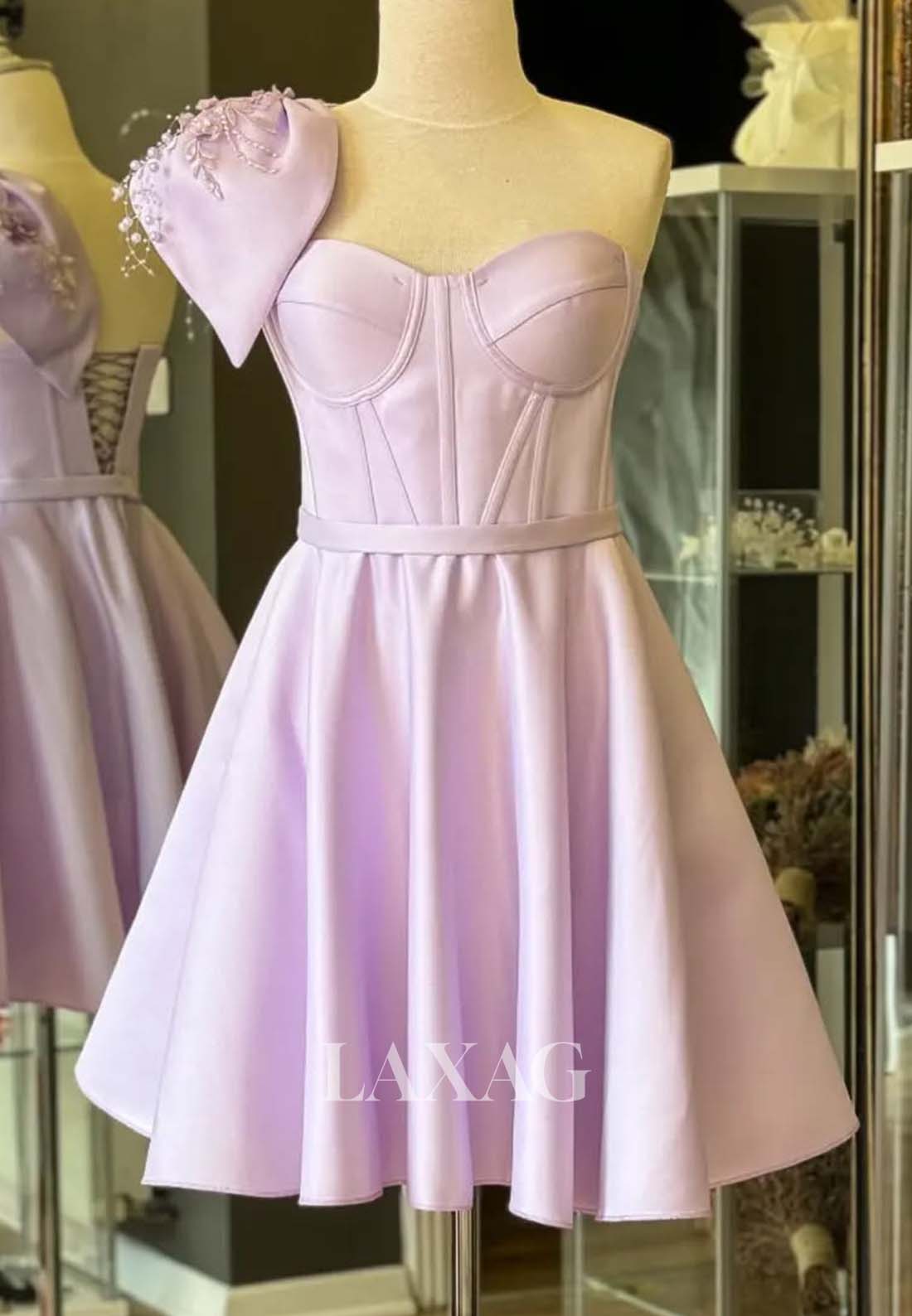 Sweetheart One-Shoulder Sleeveless Beaded Pleated Satin Short A-Line Party Homecoming Dress
