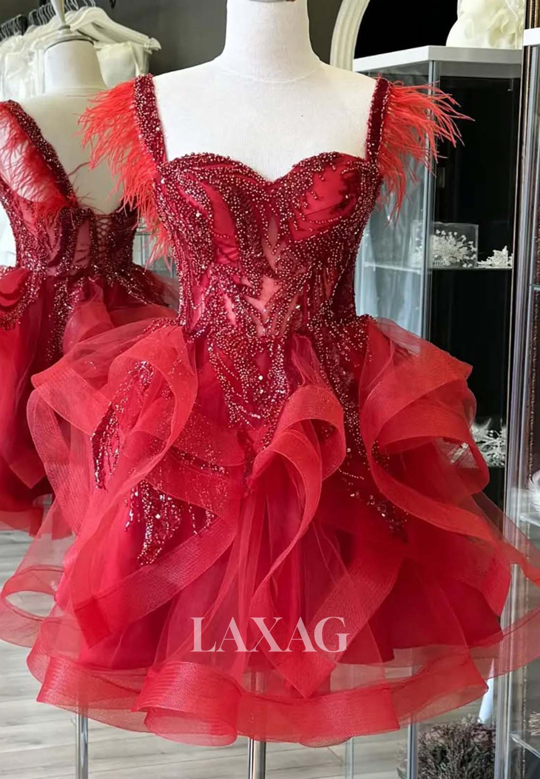 Off-Shoulder Sweetheart Sleeveless Beaded Pleated Tulle Tiered A-Line Party Homecoming Dress