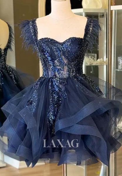 Off-Shoulder Sweetheart Sleeveless Beaded Pleated Tulle Tiered A-Line Party Homecoming Dress