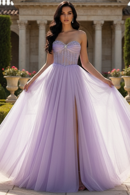 Sweetheart Off-Shoulder Sequined Beaded Pleated Tulle Floor-Length A-Line Prom Dress