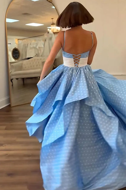 Halter Satin A Line Dot Prom Dresses With Flower