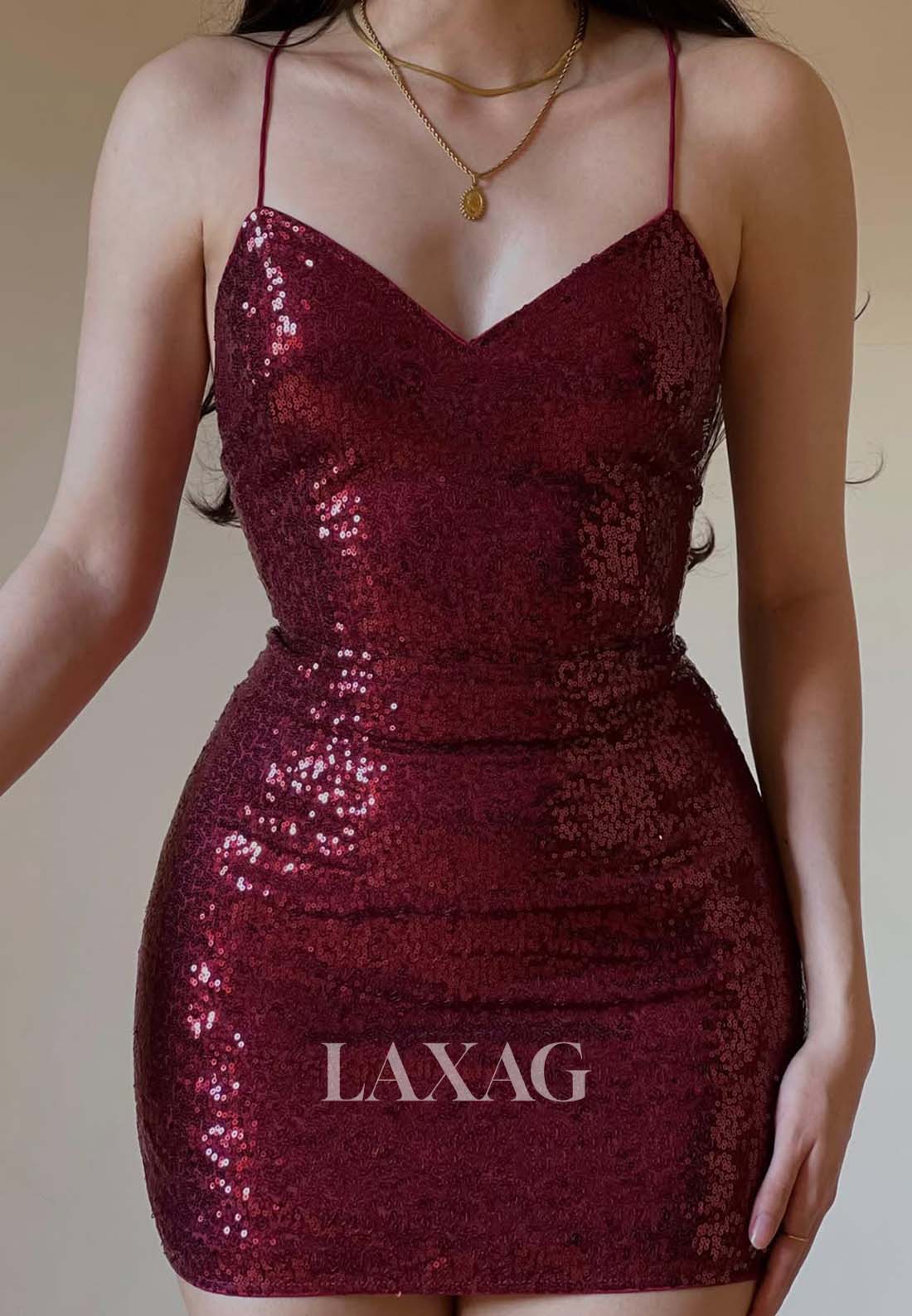 V-Neck Spaghetti Straps Sleeveless Pleated Fully Sequined Mermaid Party Homecoming Dress