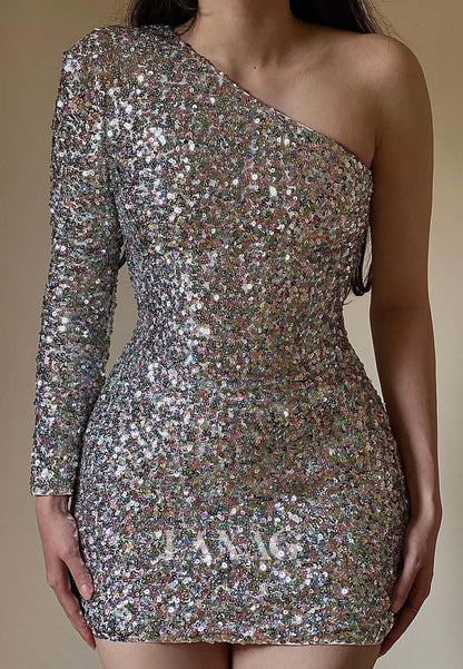 Asymmetrical-Neck One-Long-Sleeve Fully Sequined  Short Mermaid Party Homecoming Dress