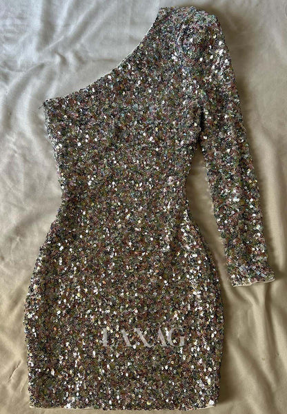 Asymmetrical-Neck One-Long-Sleeve Fully Sequined  Short Mermaid Party Homecoming Dress