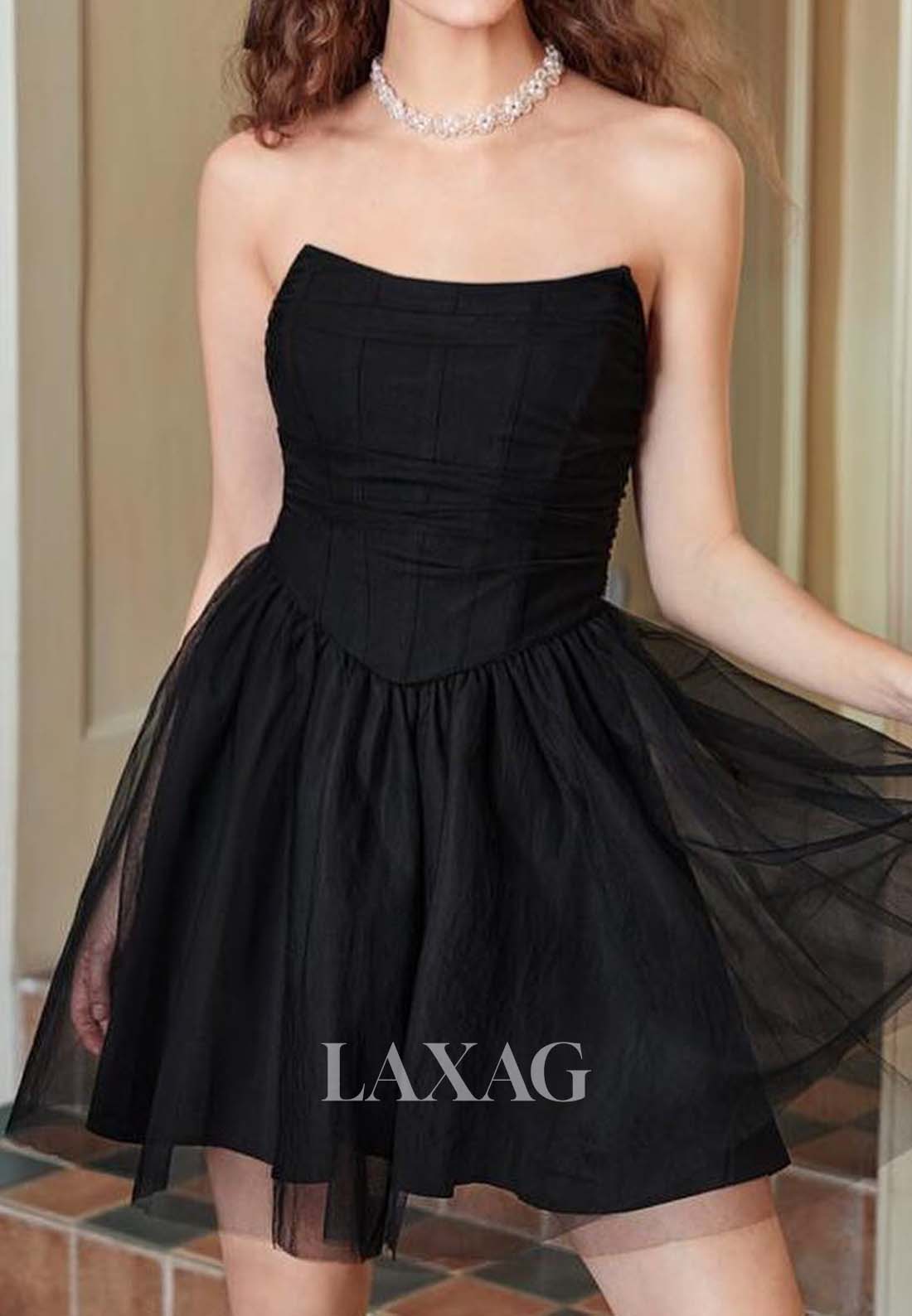 Scoop-Neck Off-Shoulder Sleeveless Pleated Tulle Short A-Line Party Homecoming Dress