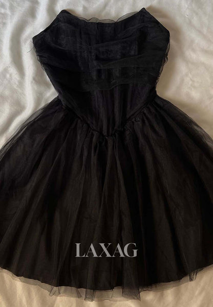 Scoop-Neck Off-Shoulder Sleeveless Pleated Tulle Short A-Line Party Homecoming Dress
