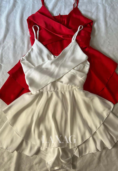 Spaghetti Straps V-Neck Sleeveless Pleated Satin Tiered Short A-Line Party Homecoming Dress