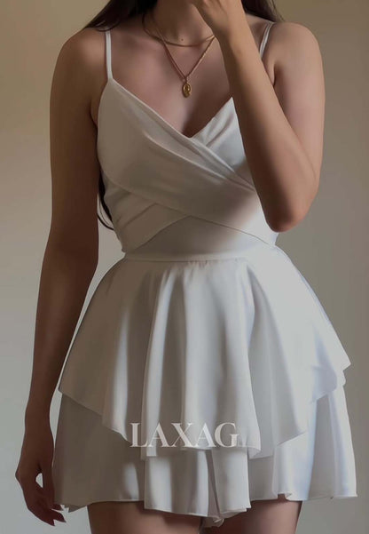 Spaghetti Straps V-Neck Sleeveless Pleated Satin Tiered Short A-Line Party Homecoming Dress