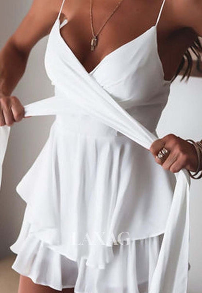 Spaghetti Straps V-Neck Sleeveless Pleated Satin Tiered Short A-Line Party Homecoming Dress