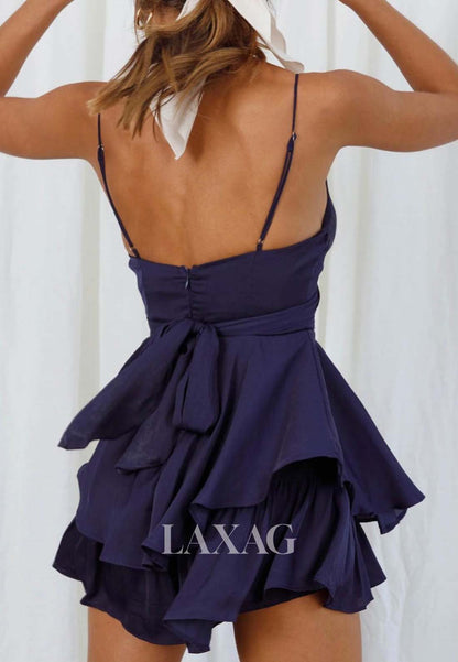 Spaghetti Straps V-Neck Sleeveless Pleated Satin Tiered Short A-Line Party Homecoming Dress