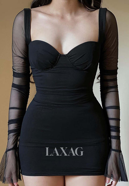 Sweetheart Long-Sleeves Pleated Sheer Tulle Short Mermaid Party Homecoming Dress