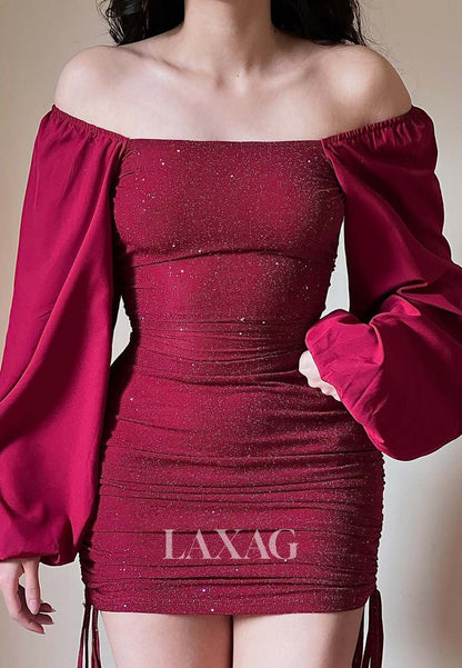 Bateau-Neck Long-Satin-Sleeves Pleated Glitter-Knit Short Mermaid Party Homecoming Dress