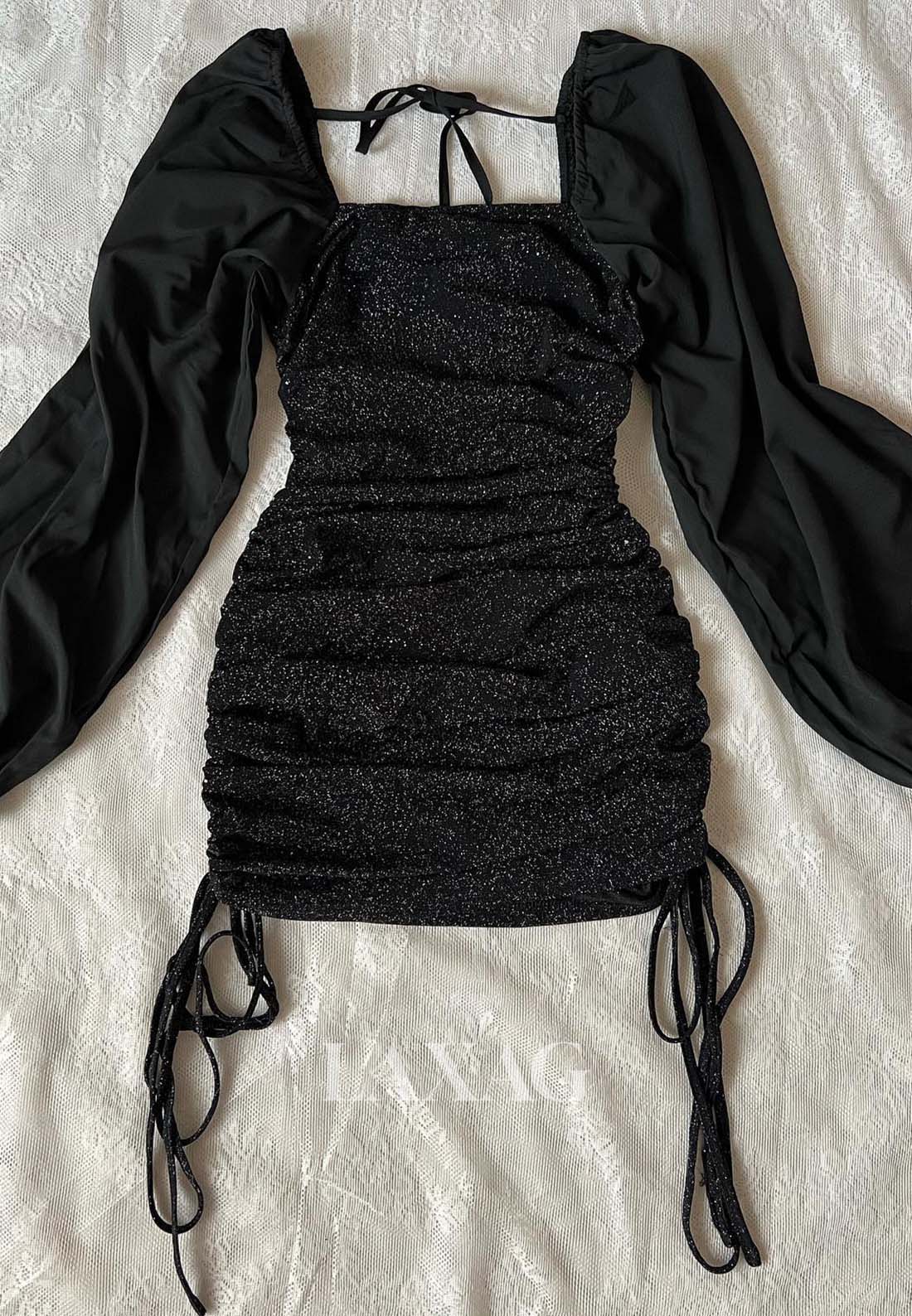 Bateau-Neck Long-Satin-Sleeves Pleated Glitter-Knit Short Mermaid Party Homecoming Dress